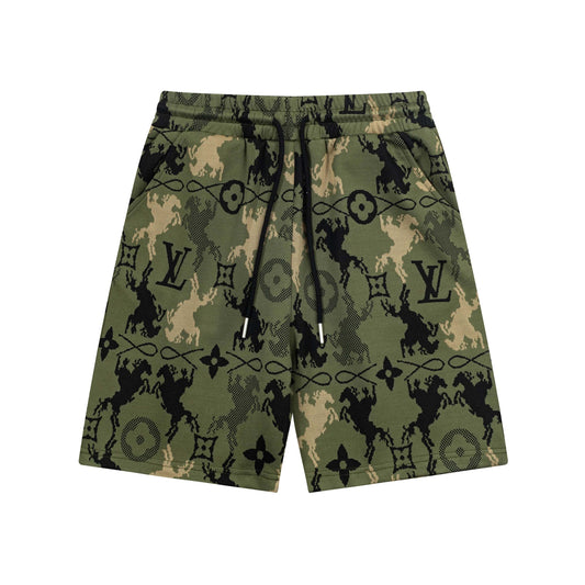 250404 New high-quality military green jacquard fabric knitted shorts